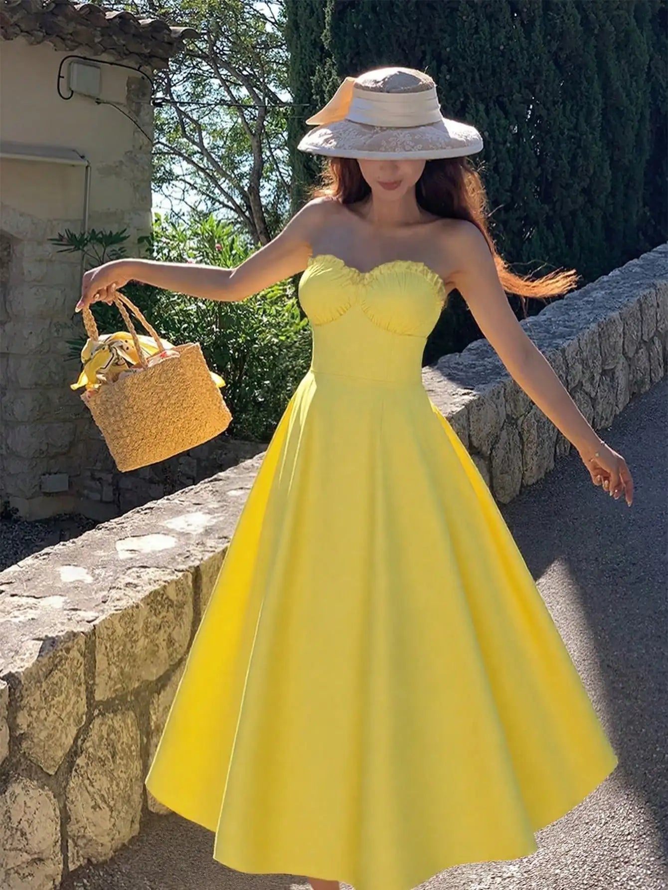 Women's Daisy Yellow Vacation Ruffle Hem Strapless Dress with Zip Back For Easy Wear
