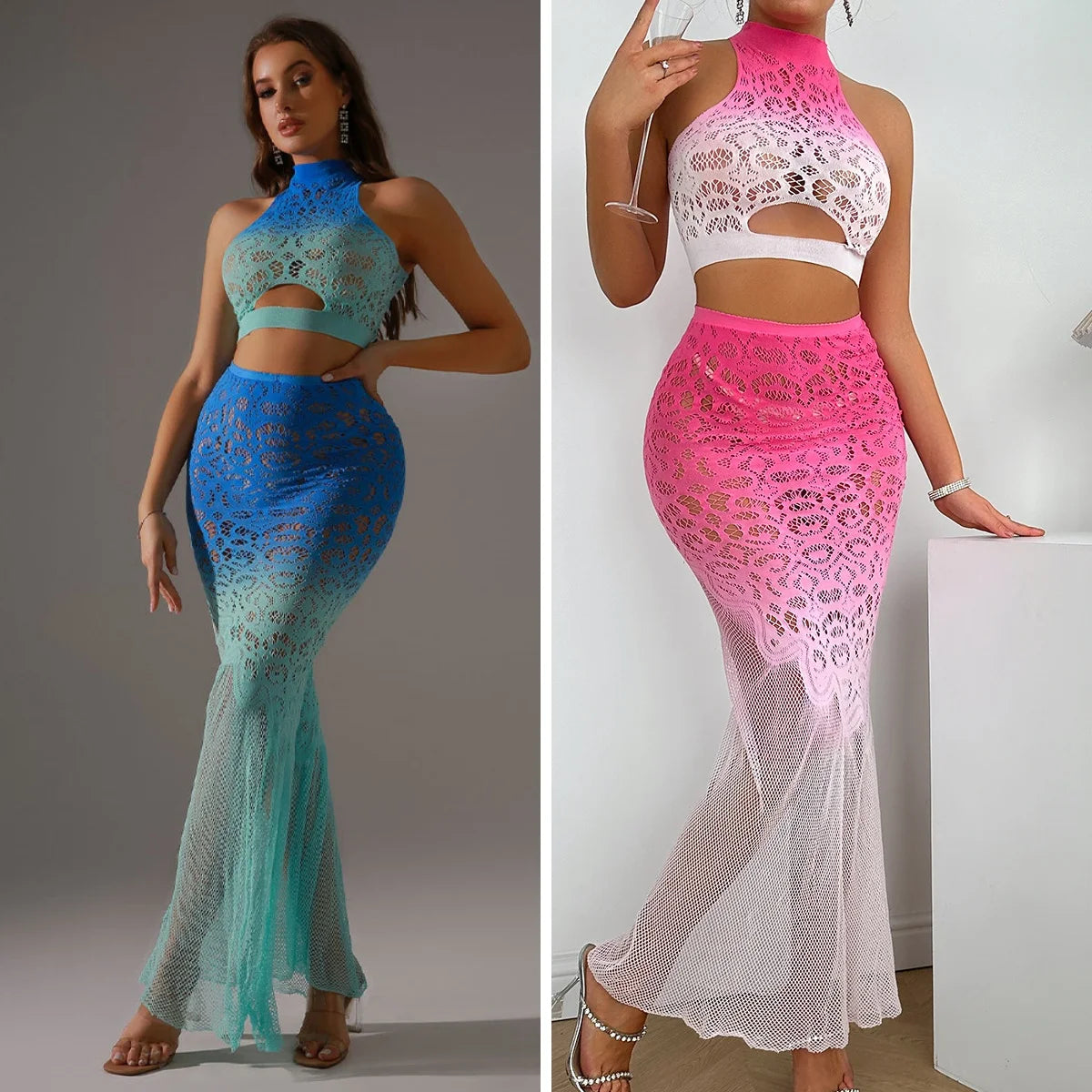 Gradient Lace High-Neck Crop Top & Mesh Maxi Skirt Set – 4 Colors