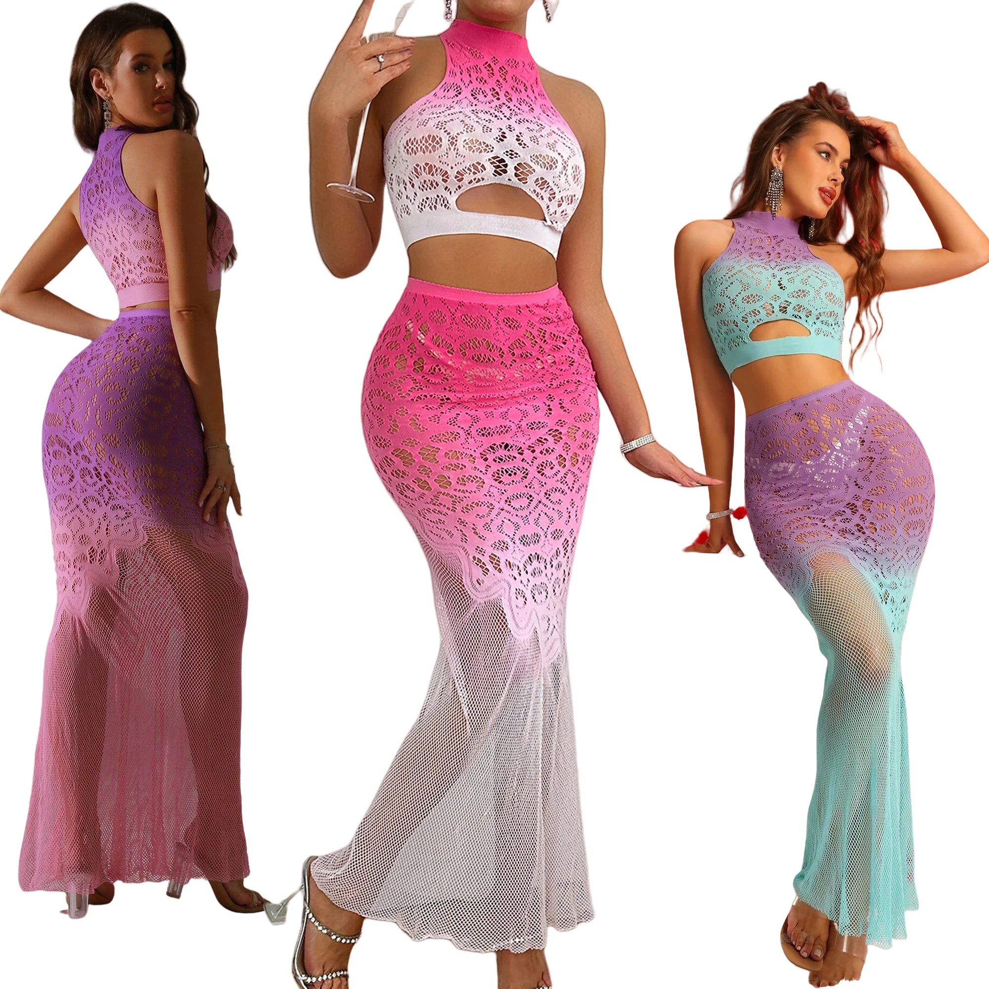 Gradient Lace High-Neck Crop Top & Mesh Maxi Skirt Set – 4 Colors