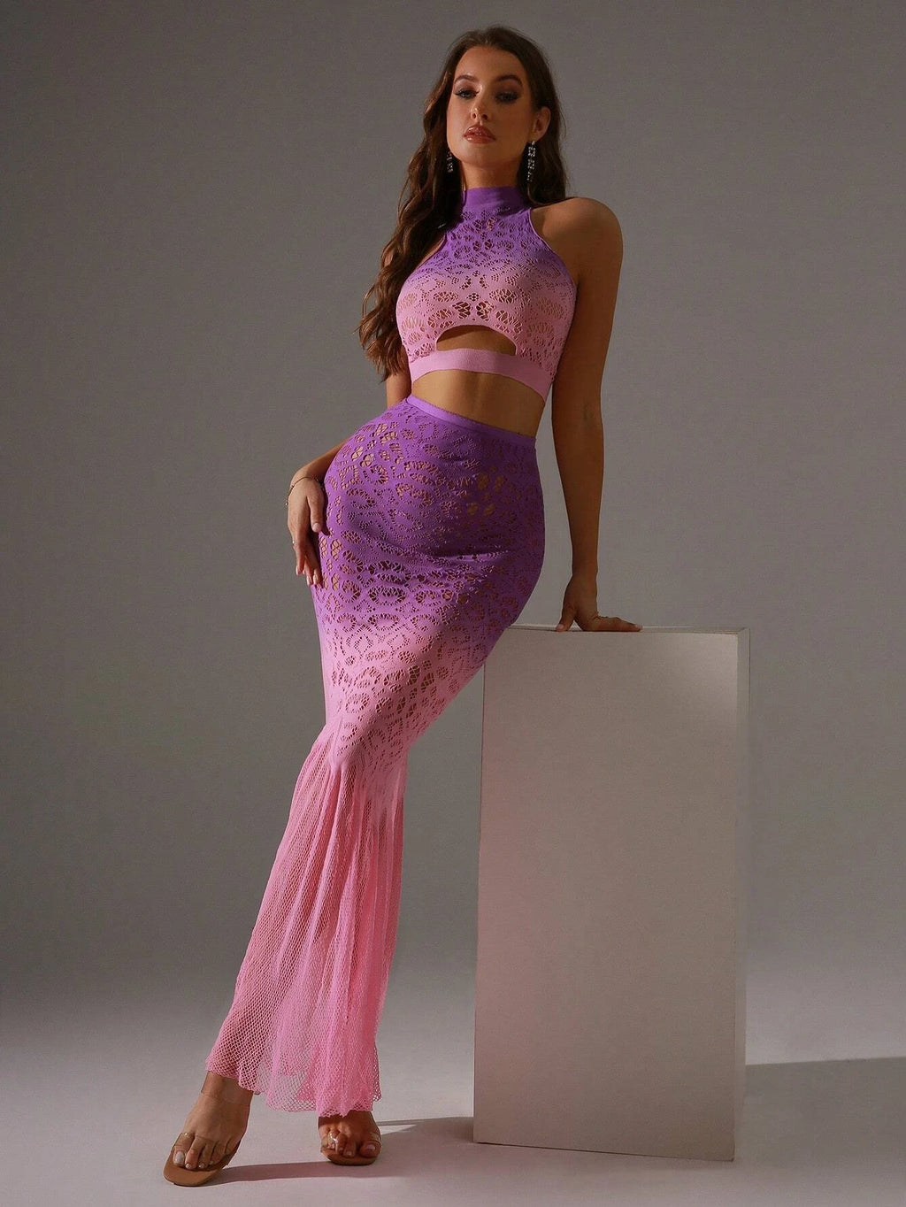 Gradient Lace High-Neck Crop Top & Mesh Maxi Skirt Set – 4 Colors