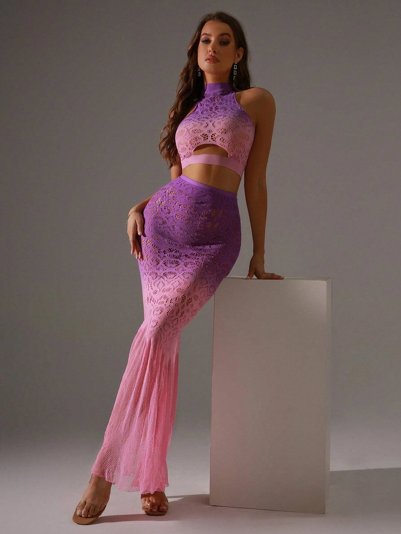Gradient Lace High-Neck Crop Top & Mesh Maxi Skirt Set – 4 Colors