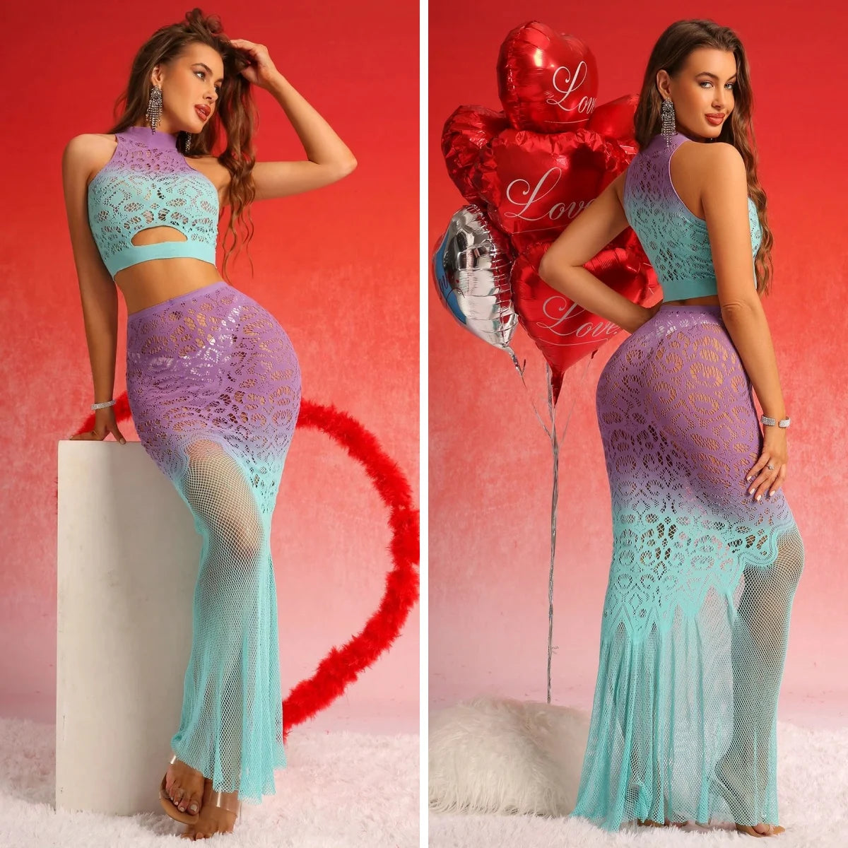 Gradient Lace High-Neck Crop Top & Mesh Maxi Skirt Set – 4 Colors