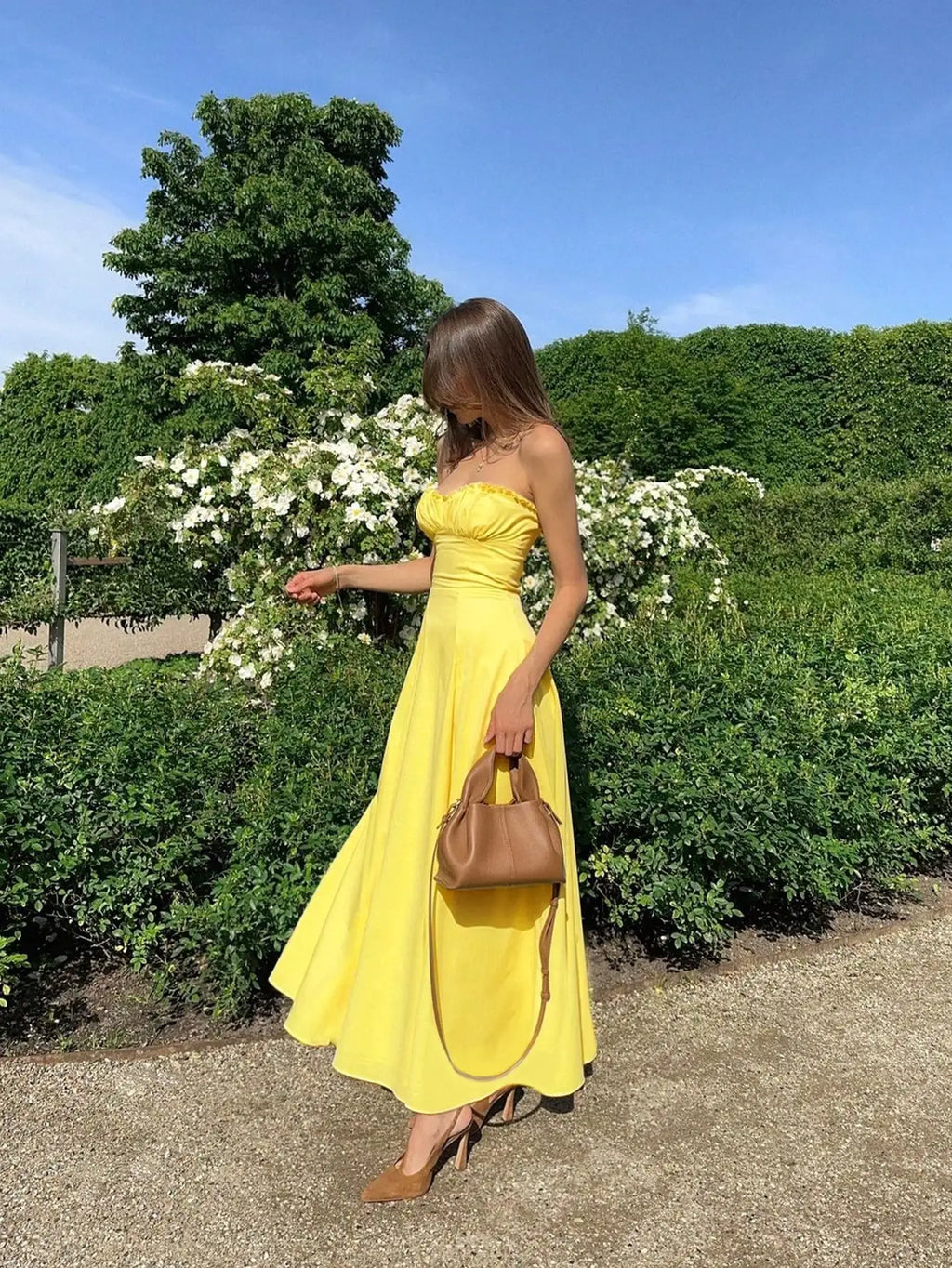 Women's Daisy Yellow Vacation Ruffle Hem Strapless Dress with Zip Back For Easy Wear
