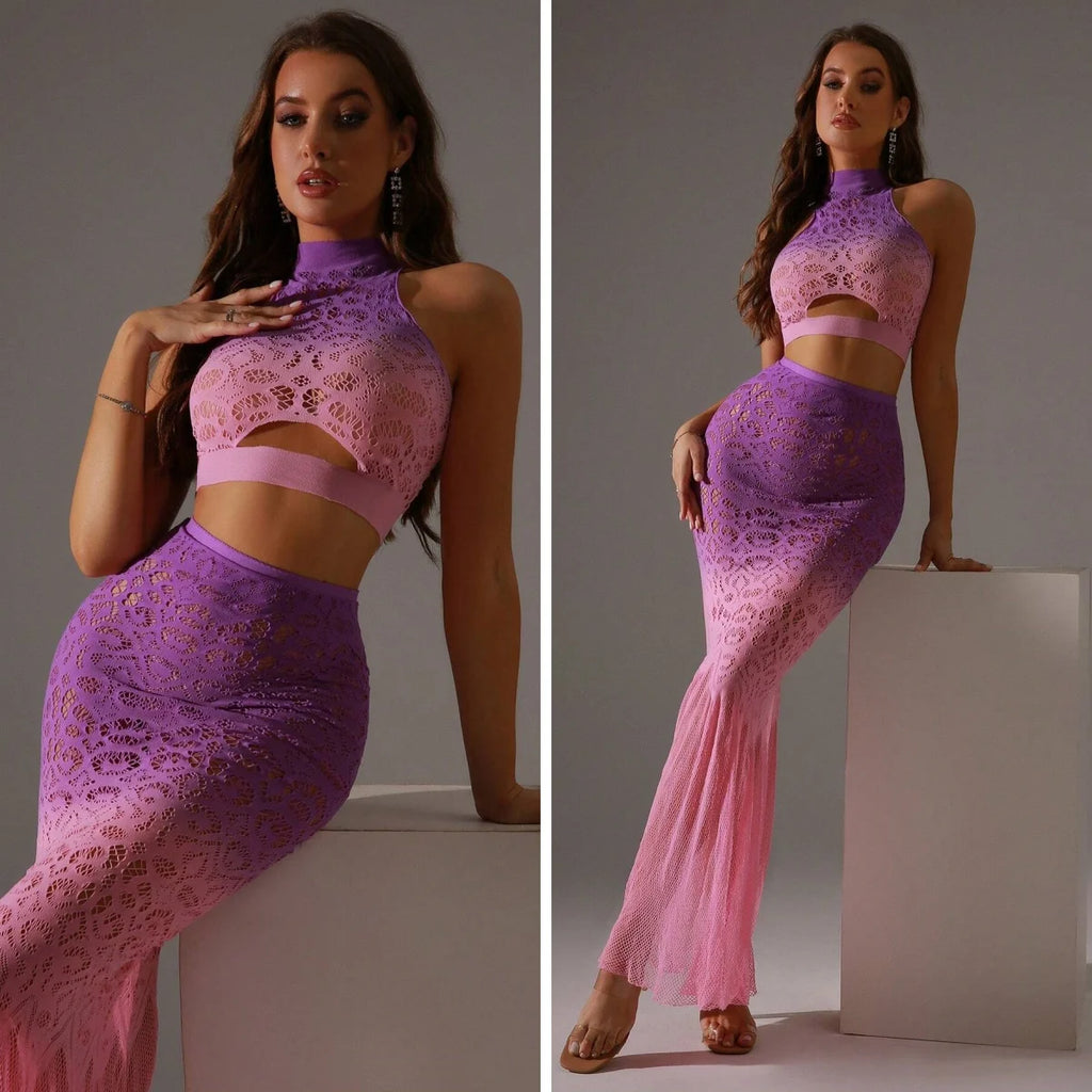 Gradient Lace High-Neck Crop Top & Mesh Maxi Skirt Set – 4 Colors