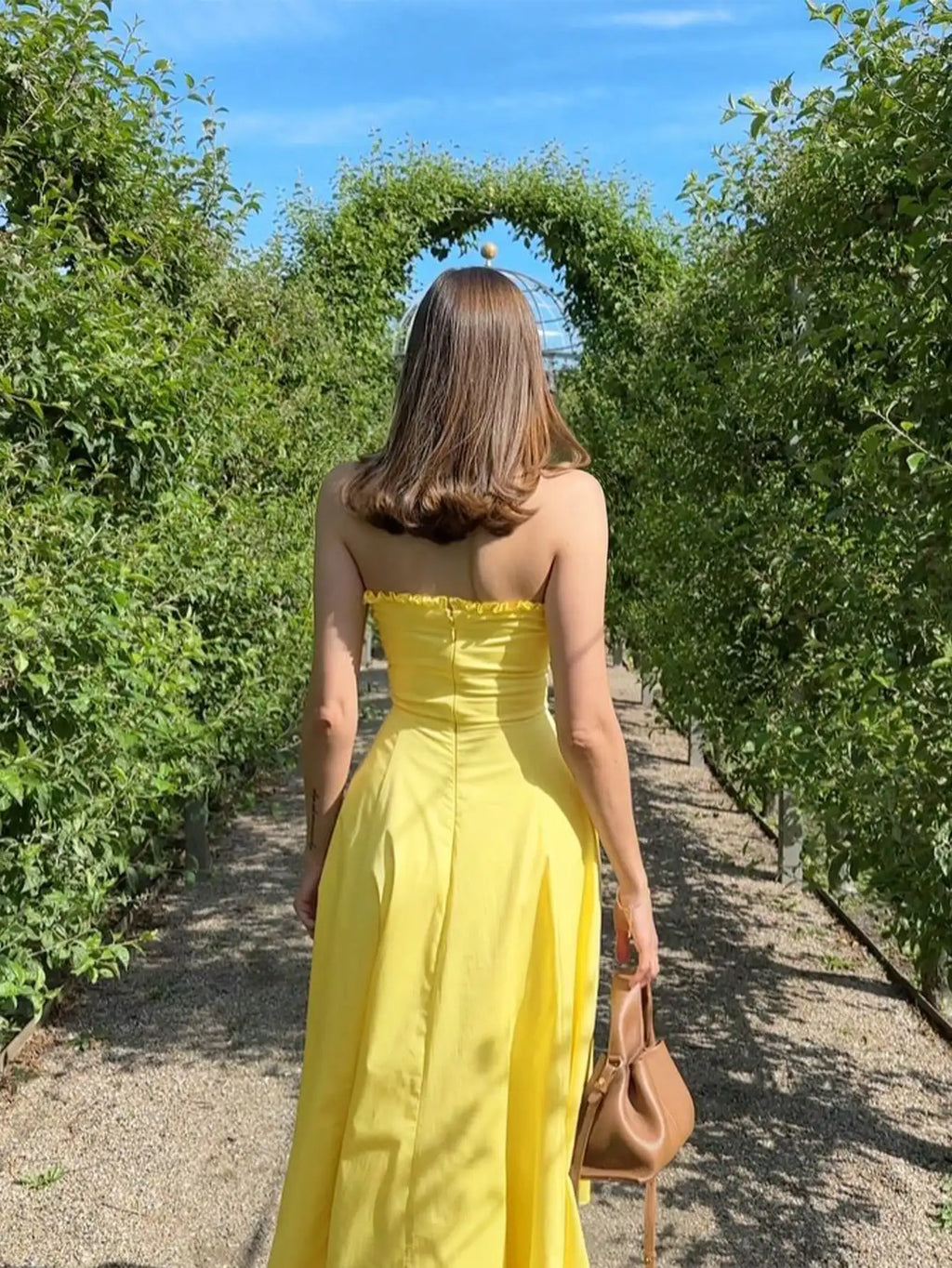 Women's Daisy Yellow Vacation Ruffle Hem Strapless Dress with Zip Back For Easy Wear