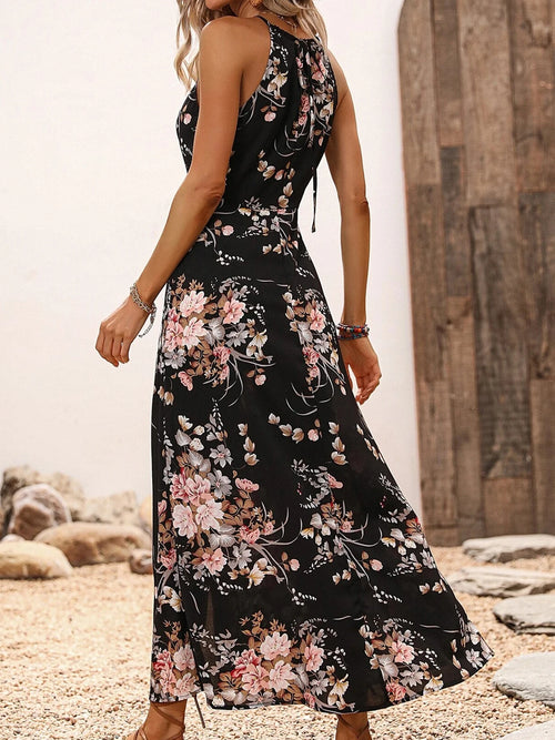 Black Floral Halter Maxi Dress with Side Slit – Vacation Goddess Vibes