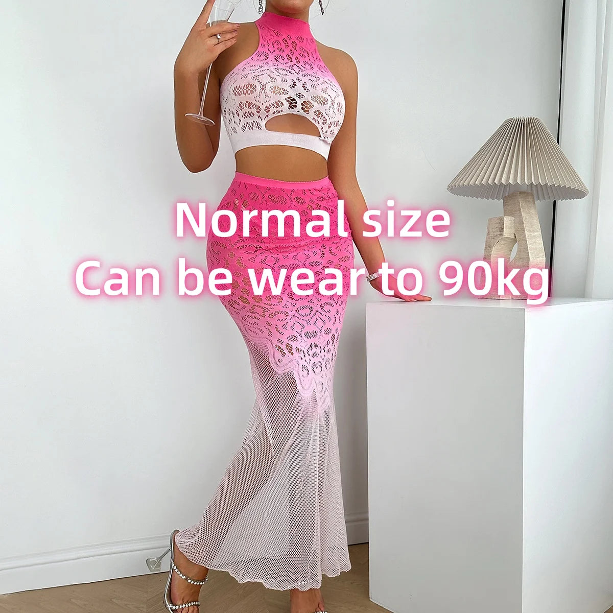 Gradient Lace High-Neck Crop Top & Mesh Maxi Skirt Set – 4 Colors